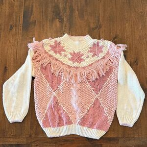 Huntington Ridge Pink and Cream Fringe Women's Sweater